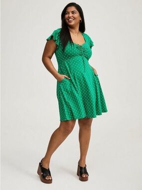 Torrid Mini Bow Front Flare Fit Dress Green Polka Dot Sz 5x